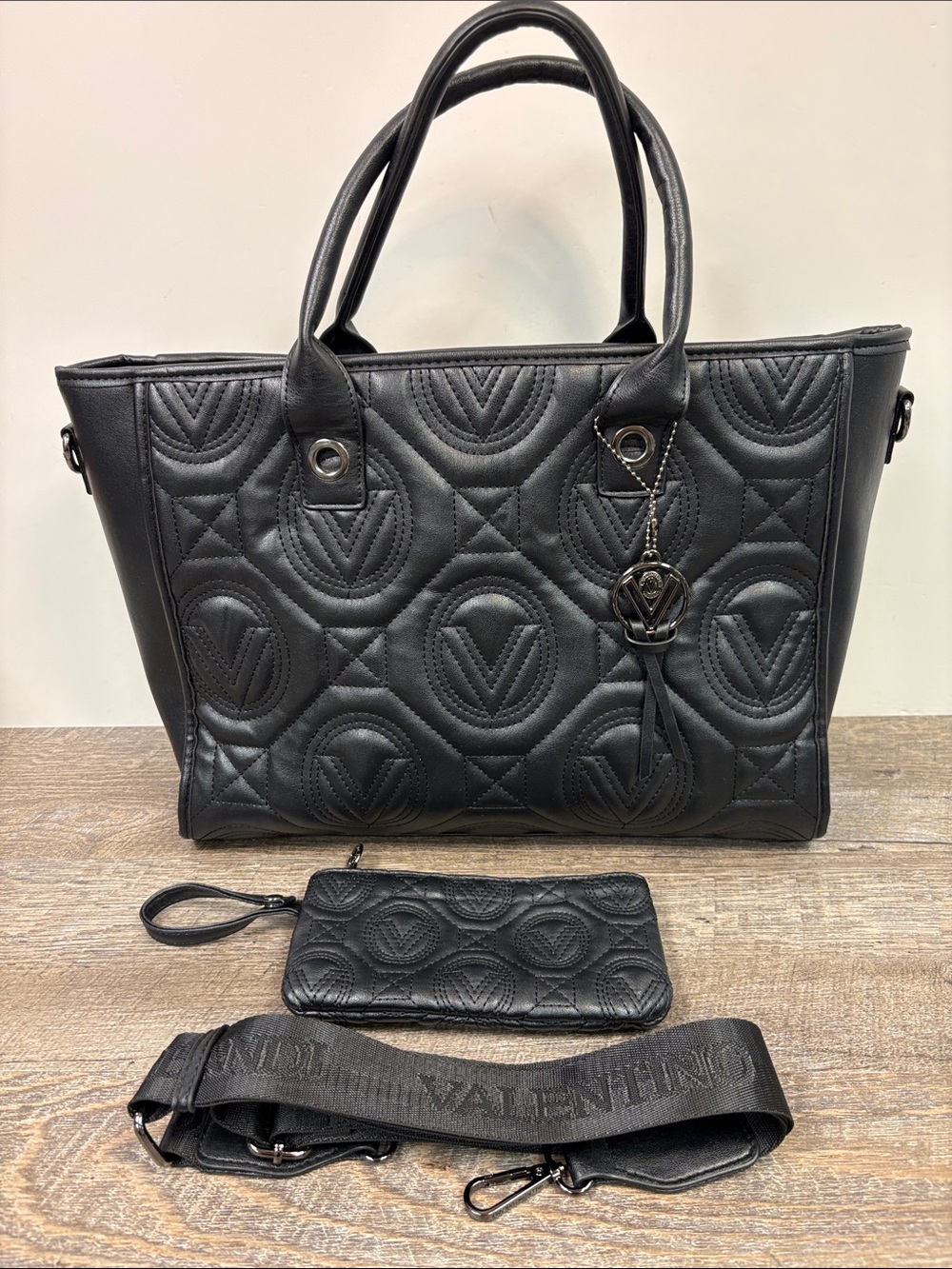 Valentino Orlandi Black Quilted Leather Logo Tote Bag + Wristlet